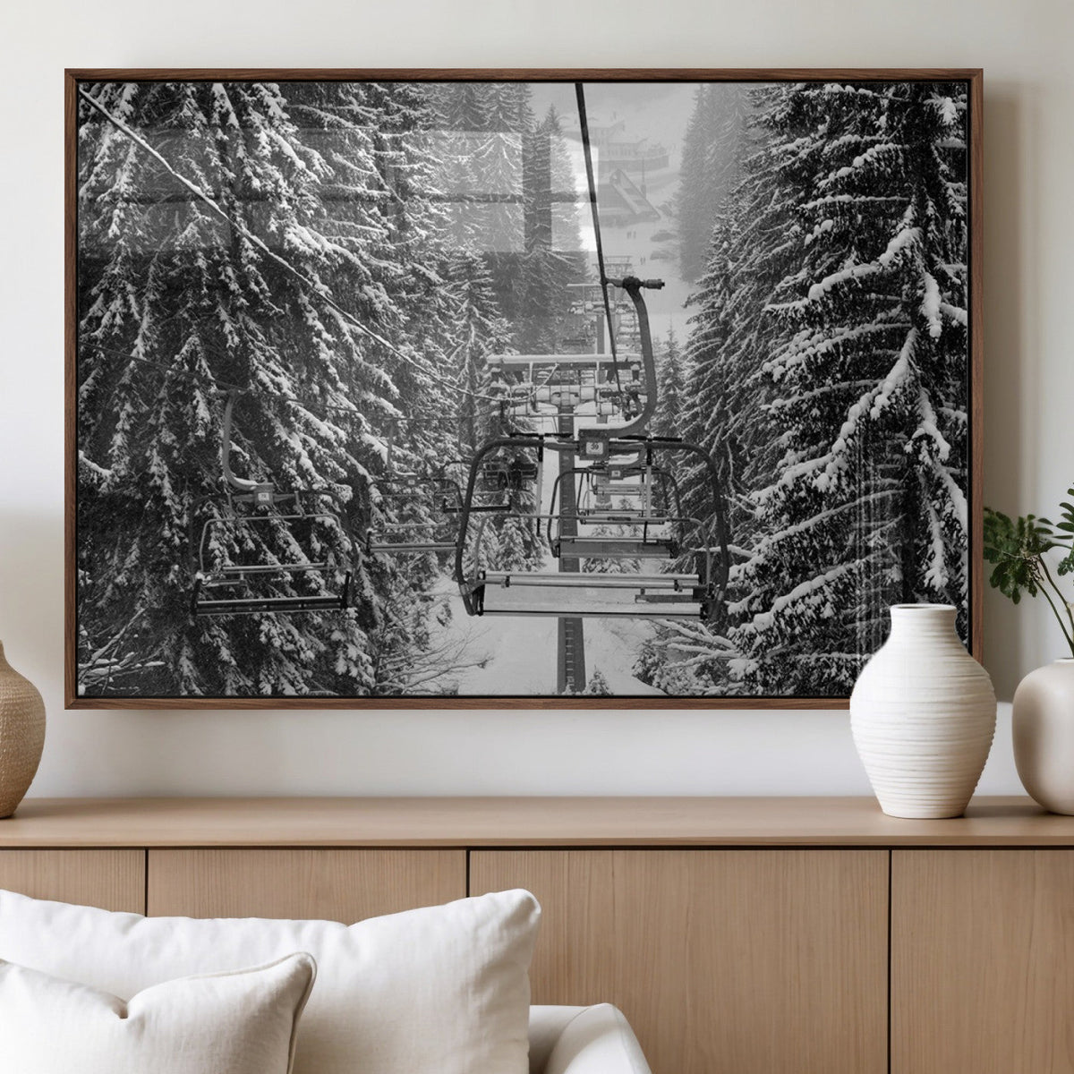 Winter Ski Lift Black and White Canvas Wall Art | Alpine Escape in Minimalist Style