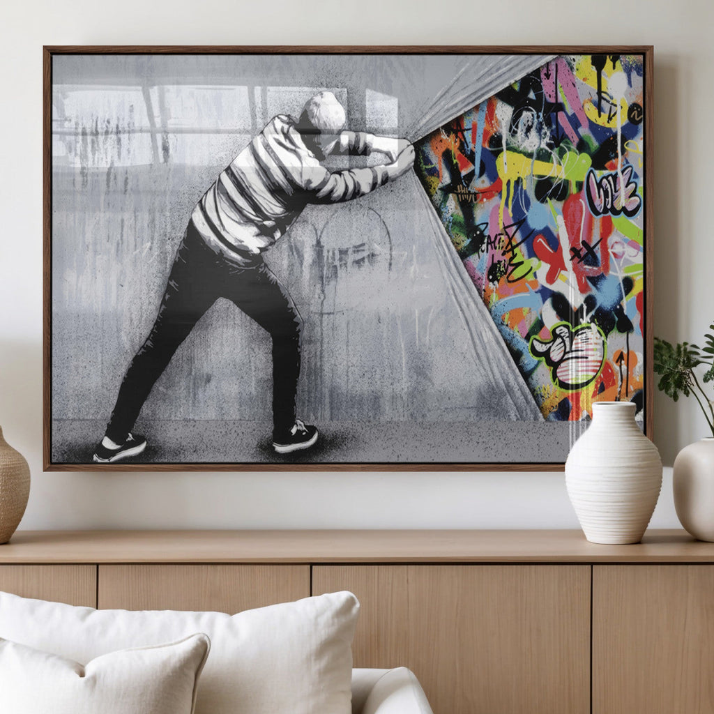 Banksy Art Behind the Curtain Street Wall Art Canvas Print | Urban Graffiti Style Wall Decor