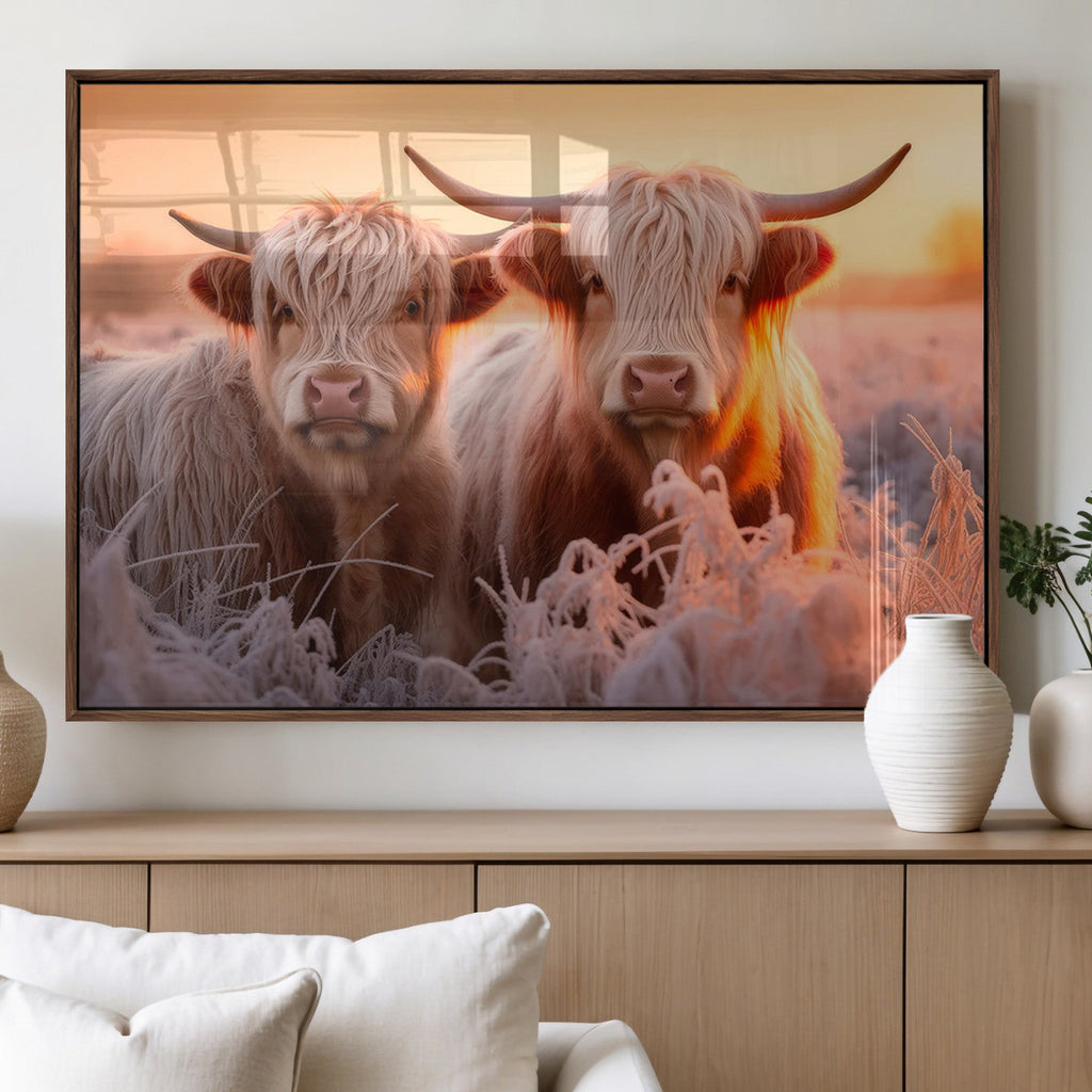 Highland Cows at Sunrise Wall Art Canvas Set