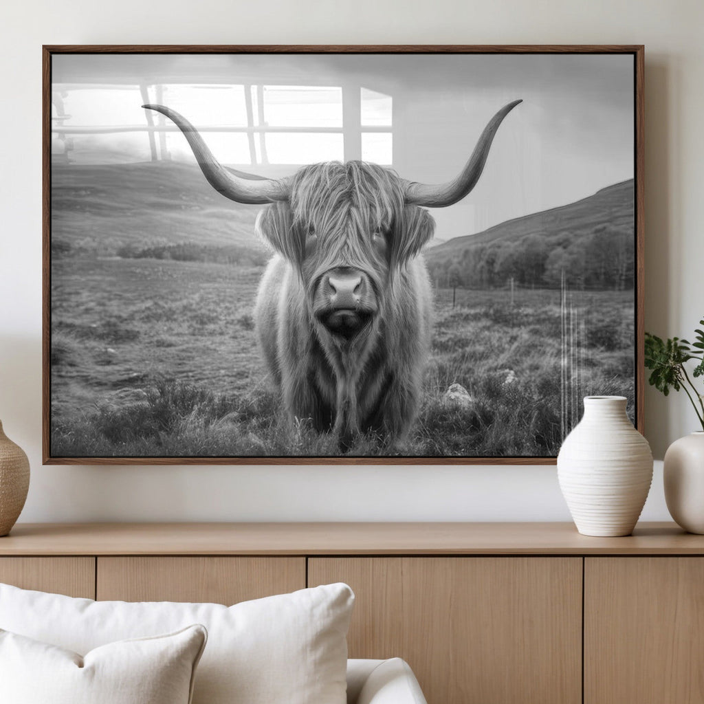 Black White Scottish Highland Cow Canvas Farm Wall Art