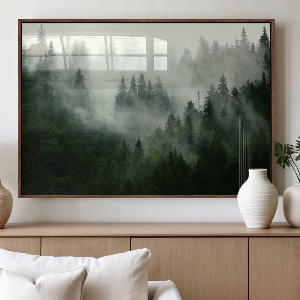 Misty Forest Wall Art | Tranquil Green Woodland Canvas Print