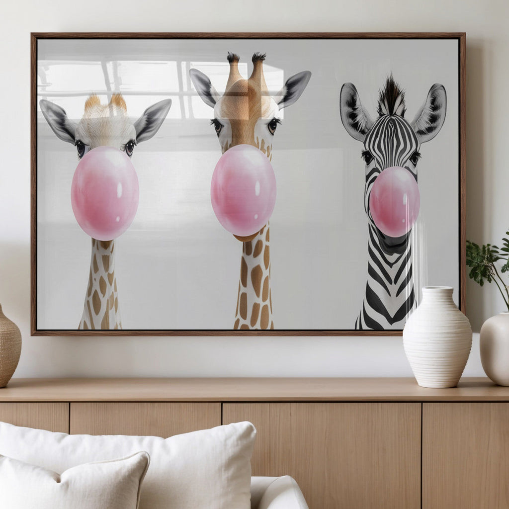 Bubblegum Animals Canvas Wall Art, Playful Giraffe and Zebra Trio, Whimsical Nursery and Kids Room Decor