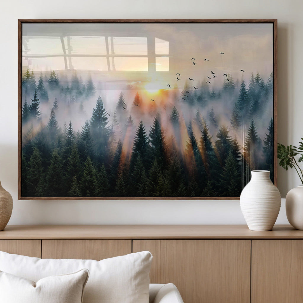 Abstract Forest Wall Art, Serene Nature Canvas Print with Misty Forest Design for Modern Home Decor