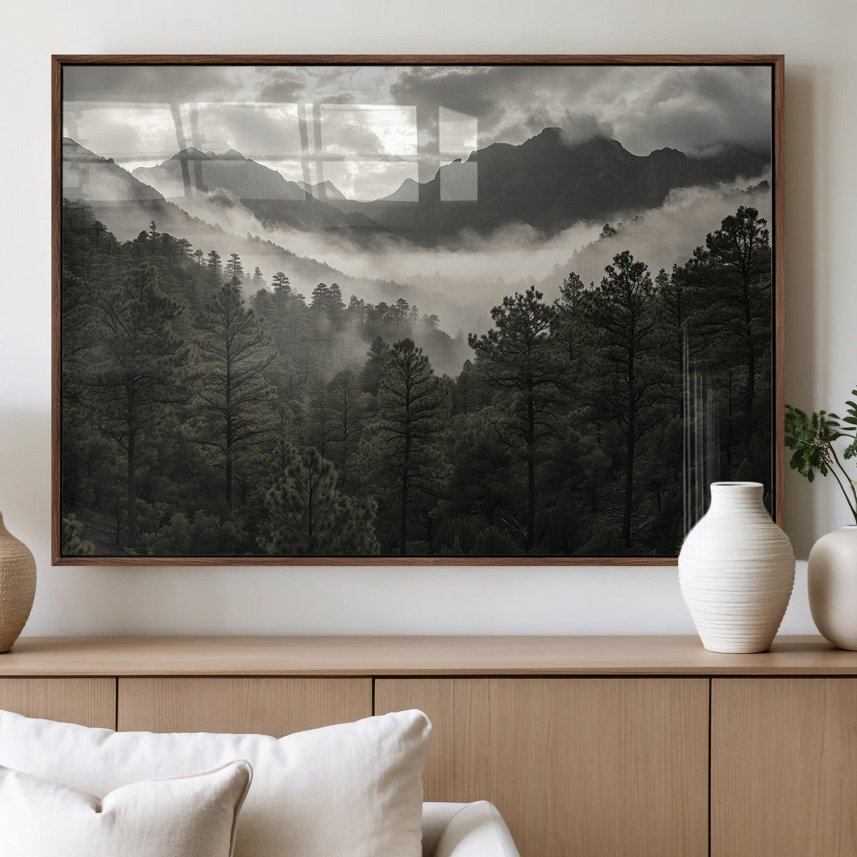 Moody Forest Wall Art | Framed Mountain Fog Canvas Artwork
