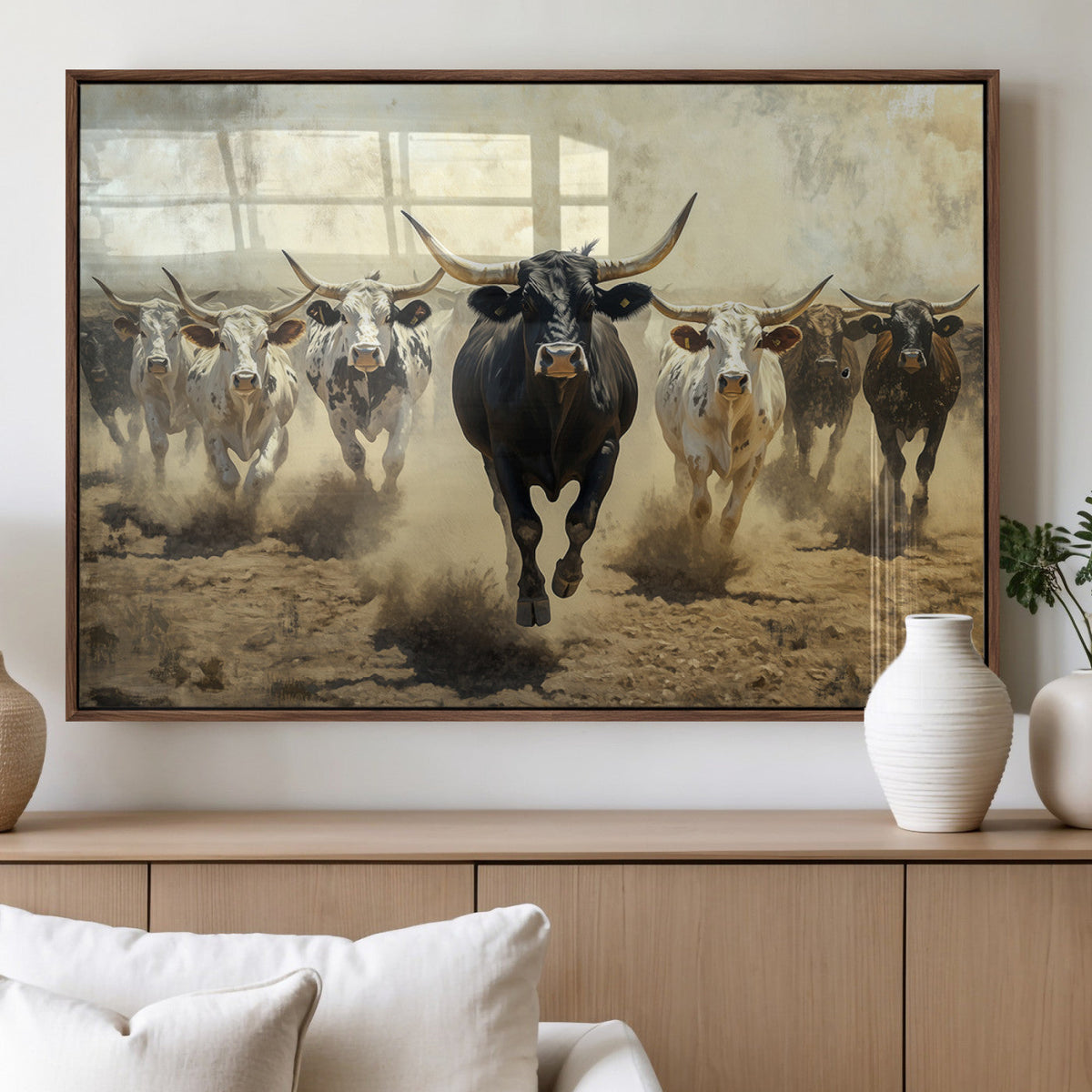 Texas Longhorn Wall Art | Framed Charging Cattle Canvas