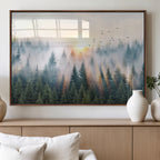 Misty Pine Forest Wall Art Canvas, Sunrise Over Foggy Trees