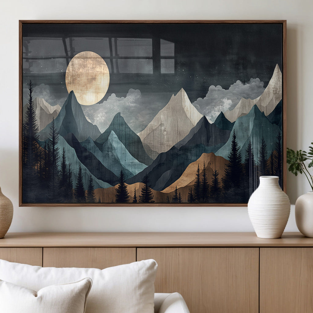Moonlit Mountain Wall Art Canvas Print, Framed Silhouetted Pines Art, Layered Peaks Rustic Decor