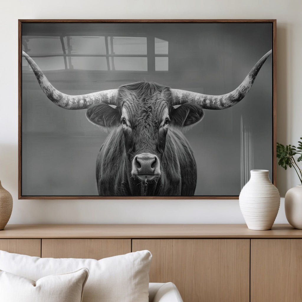 Texas Longhorn Wall Art Canvas Print, Framed Western Bull Photography, Rustic Log Cabin Decor