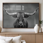 Texas Longhorn Wall Art Canvas Print, Framed Western Bull Photography, Rustic Log Cabin Decor