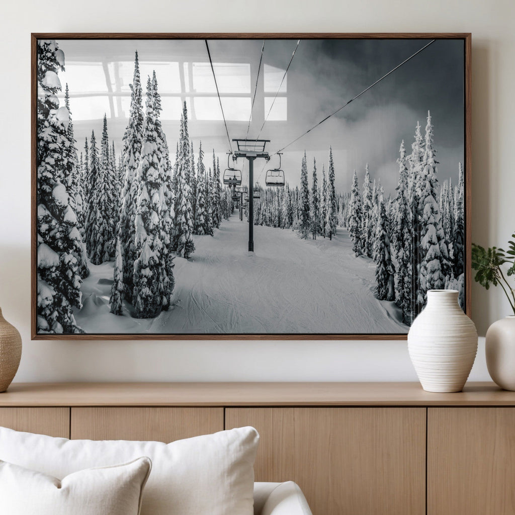 Snowy Pines Wall Art Canvas Print | Ski Lift in a Winter Forest
