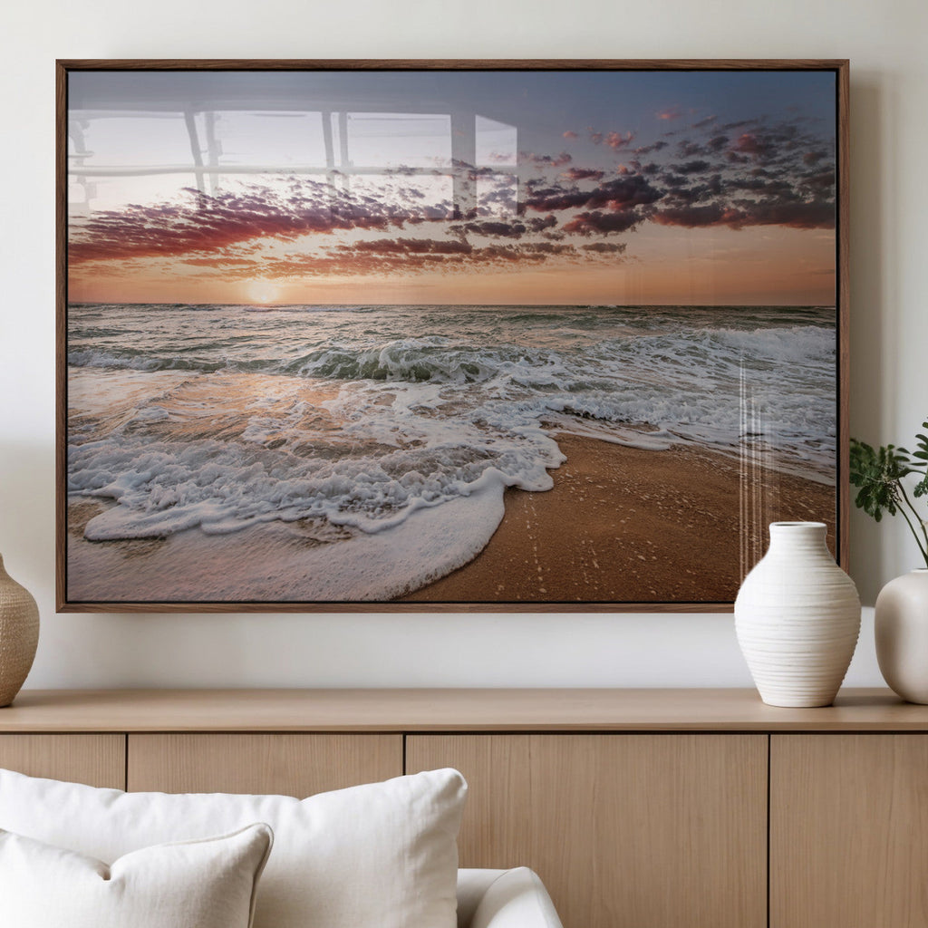 Ocean Sunset Wall Art Canvas Print | Sandy Shore and Gentle Waves