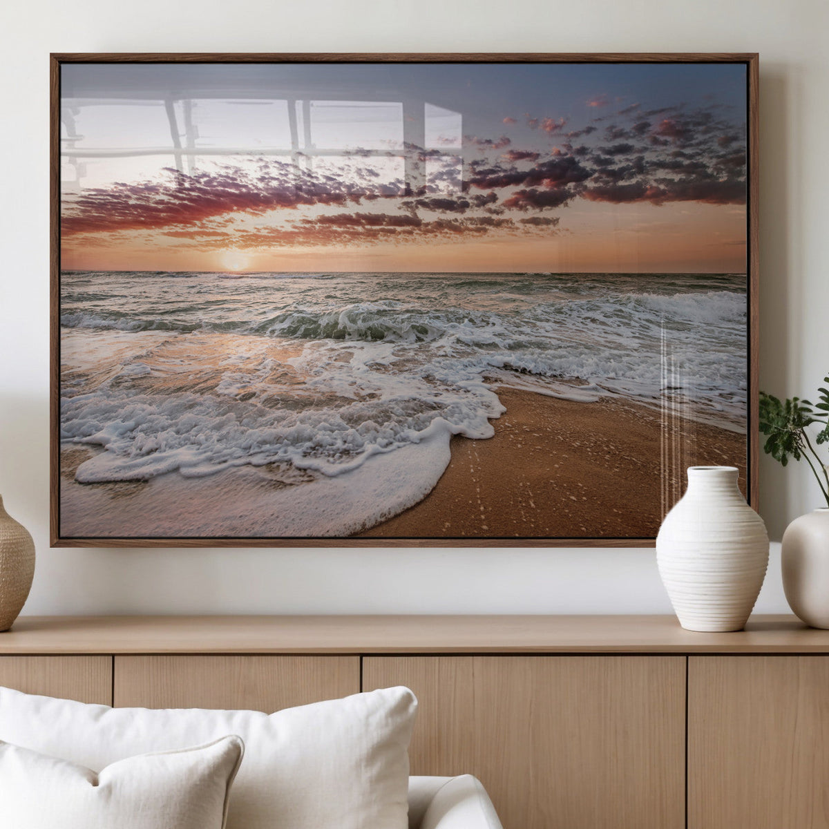 Ocean Sunset Wall Art Canvas Print | Sandy Shore and Gentle Waves
