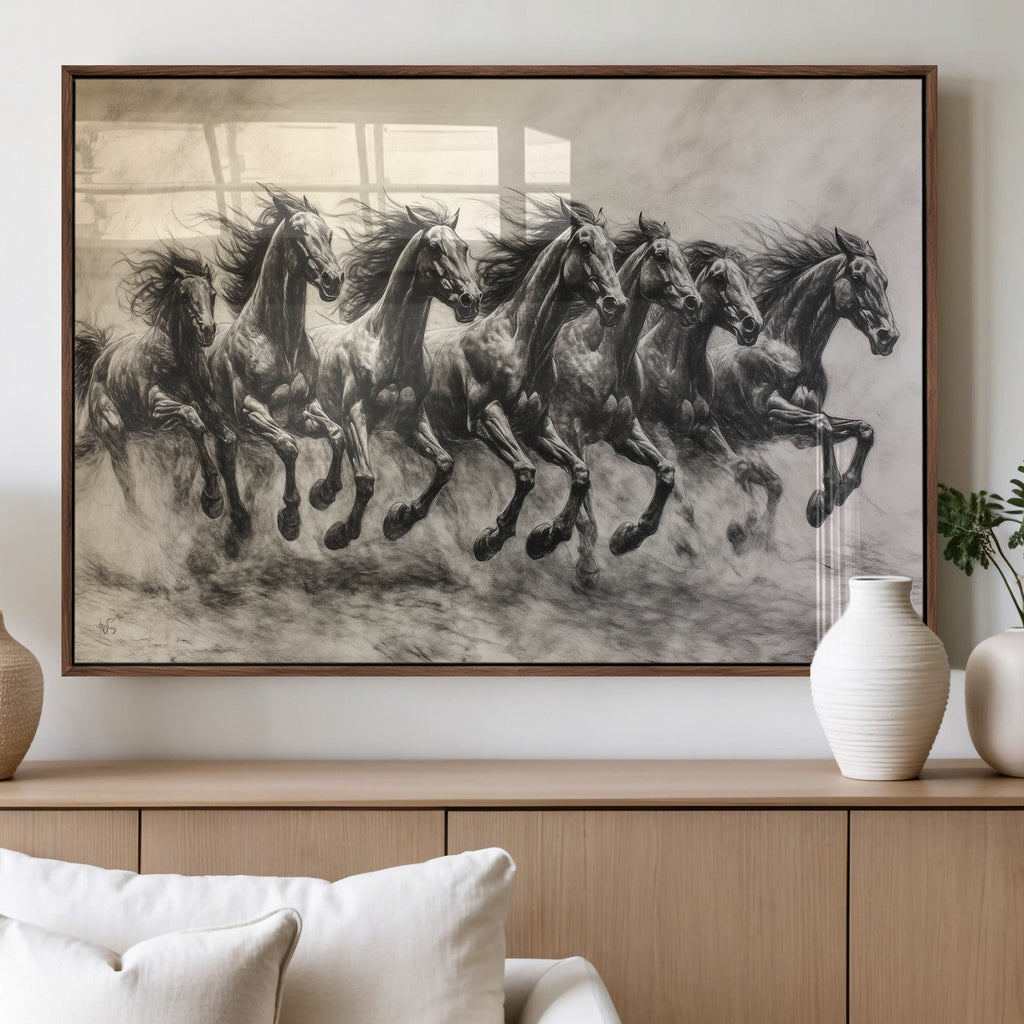 Running Horses Wall Art Canvas Print, Framed Monochrome Galloping Herd Sketch