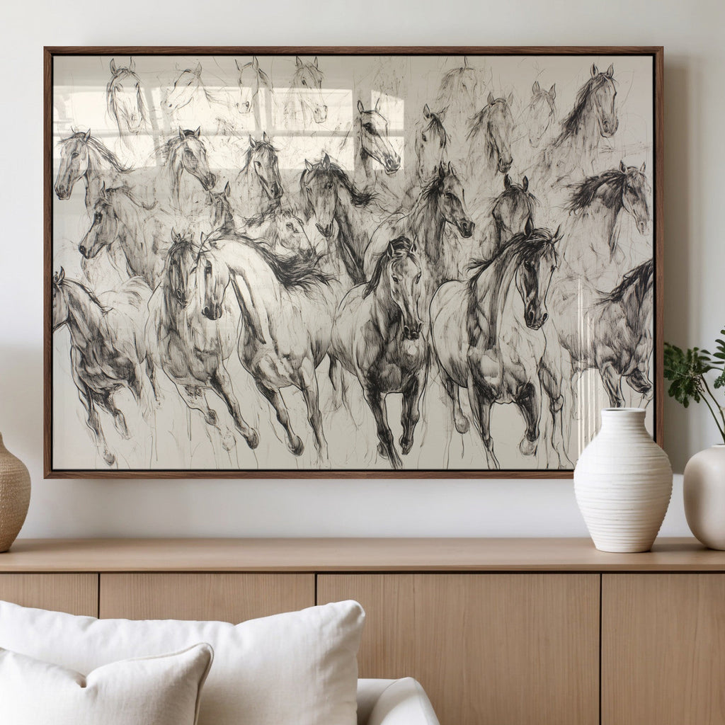 Abstract Horse Wall Art Canvas Print, Framed Horse Sketch with Galloping Herd