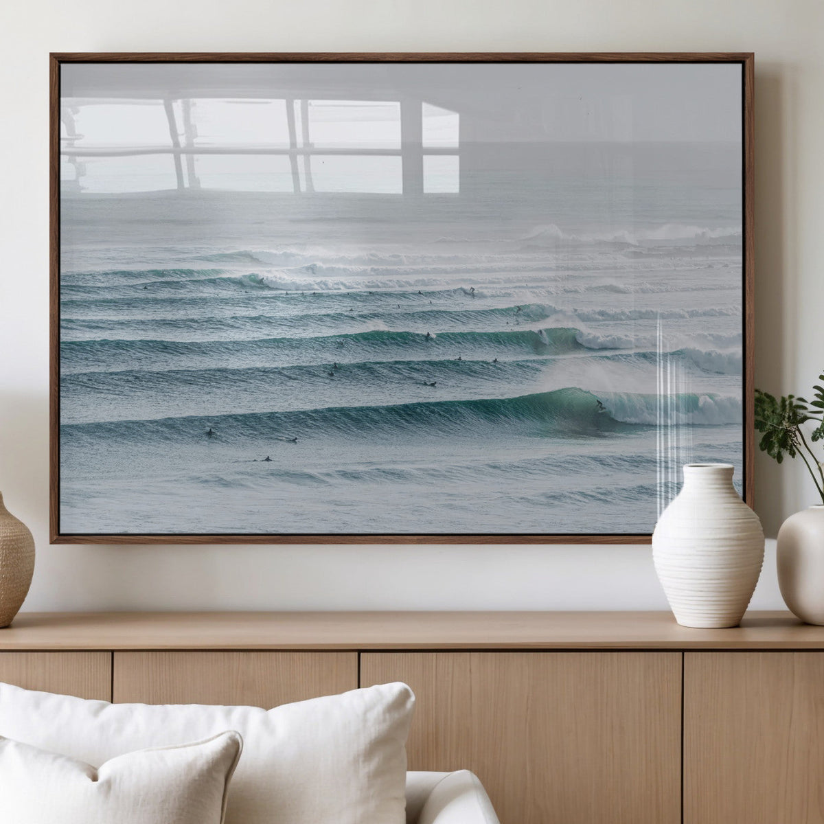 Ocean Waves Wall Art Canvas Print, Framed Surfer Lineup on a Crowded Ocean