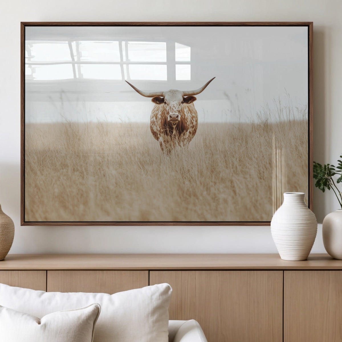 Texas Longhorn Wall Art Canvas Print, Framed Lone Cattle and Longhorn Bull Scene