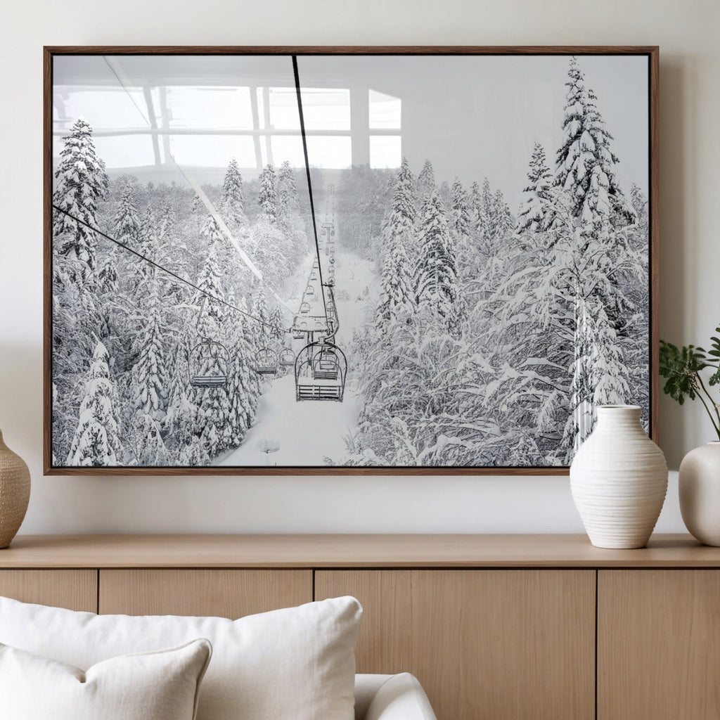 Snowy Ski Lift Wall Art | Framed Winter Mountain Canvas