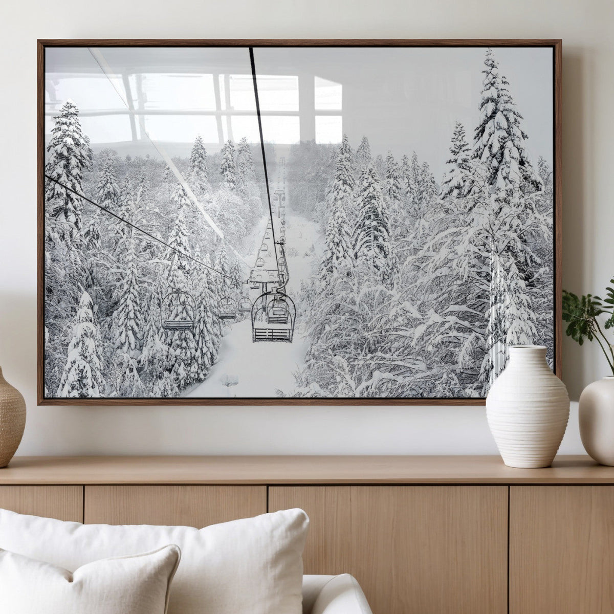 Snowy Ski Lift Wall Art | Framed Winter Mountain Canvas