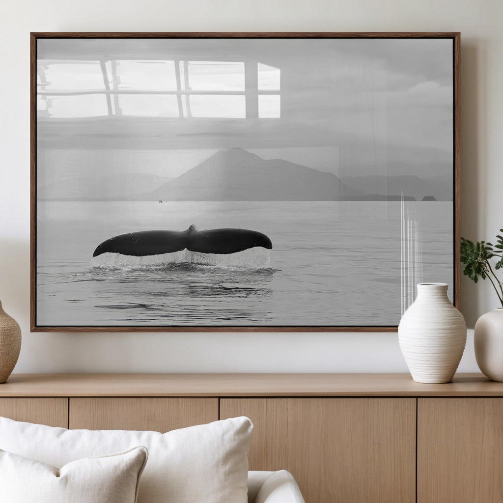 Whale Tail Wall Art | Framed Black White Ocean Canvas