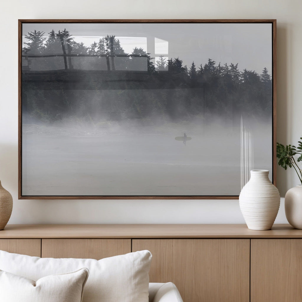 Surfer Fog Wall Art Canvas Print, Framed Foggy Beach and Coastal Surf Scene