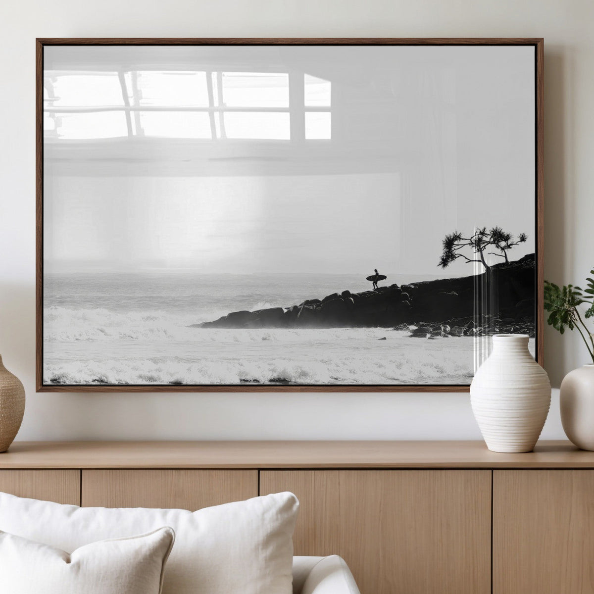 Surfer Cliffs Wall Art Canvas Print, Framed Black White Beach and Ocean Waves