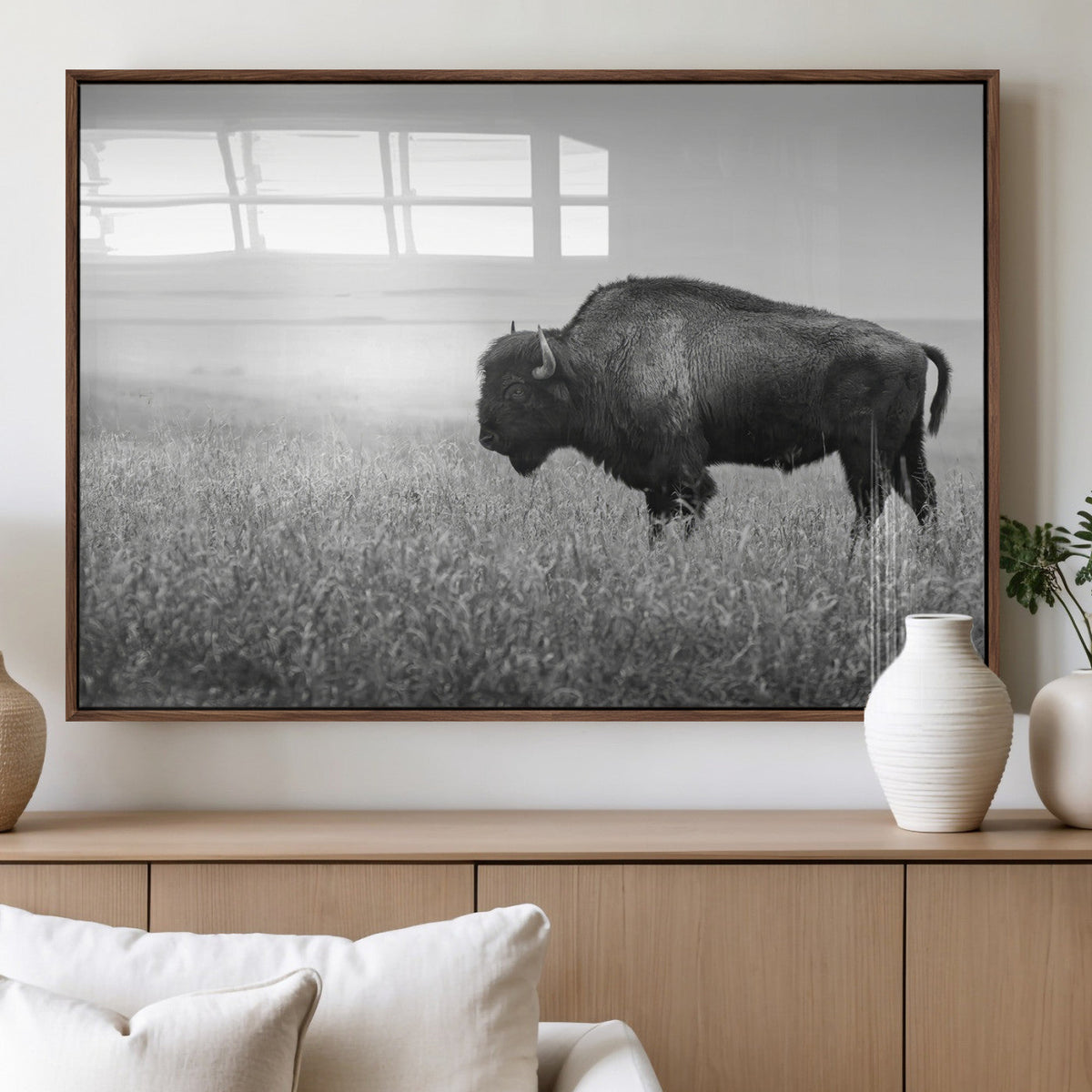 Bison Wall Art Canvas Print, Framed Rustic Wildlife Scene with Wild Buffalo