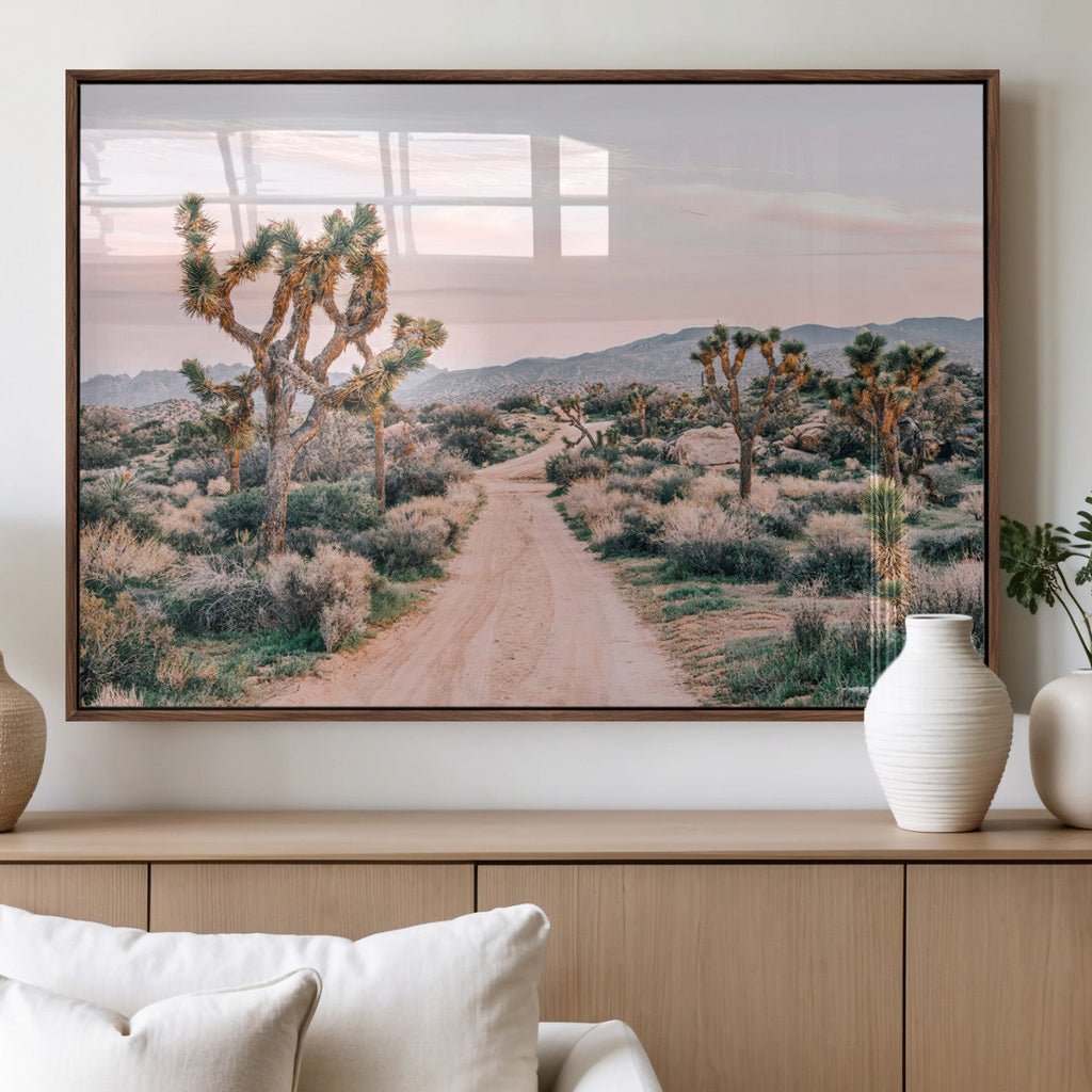 Joshua Tree Wall Art Canvas Print, Framed Desert Road Scene at Sunset