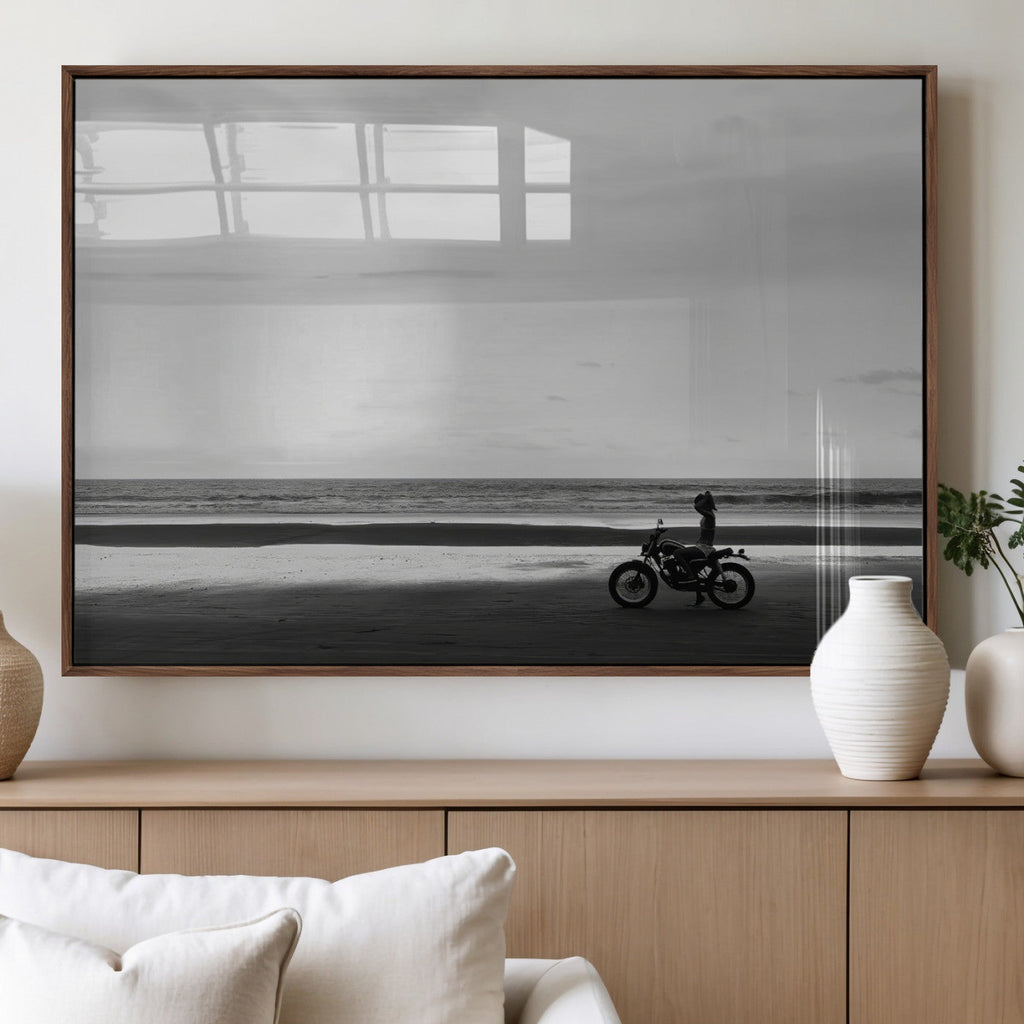 Motorcycle Beach Wall Art Canvas Print, Framed Vintage Motorcycle and Biker Silhouette