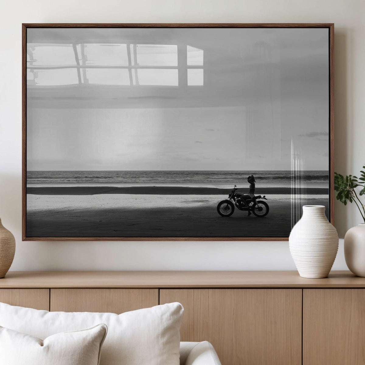 Motorcycle Beach Wall Art Canvas Print, Framed Vintage Motorcycle and Biker Silhouette