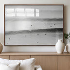 Black White Ocean Wall Art Canvas Print, Framed Coastal Sport and Ocean Swimmers Scene
