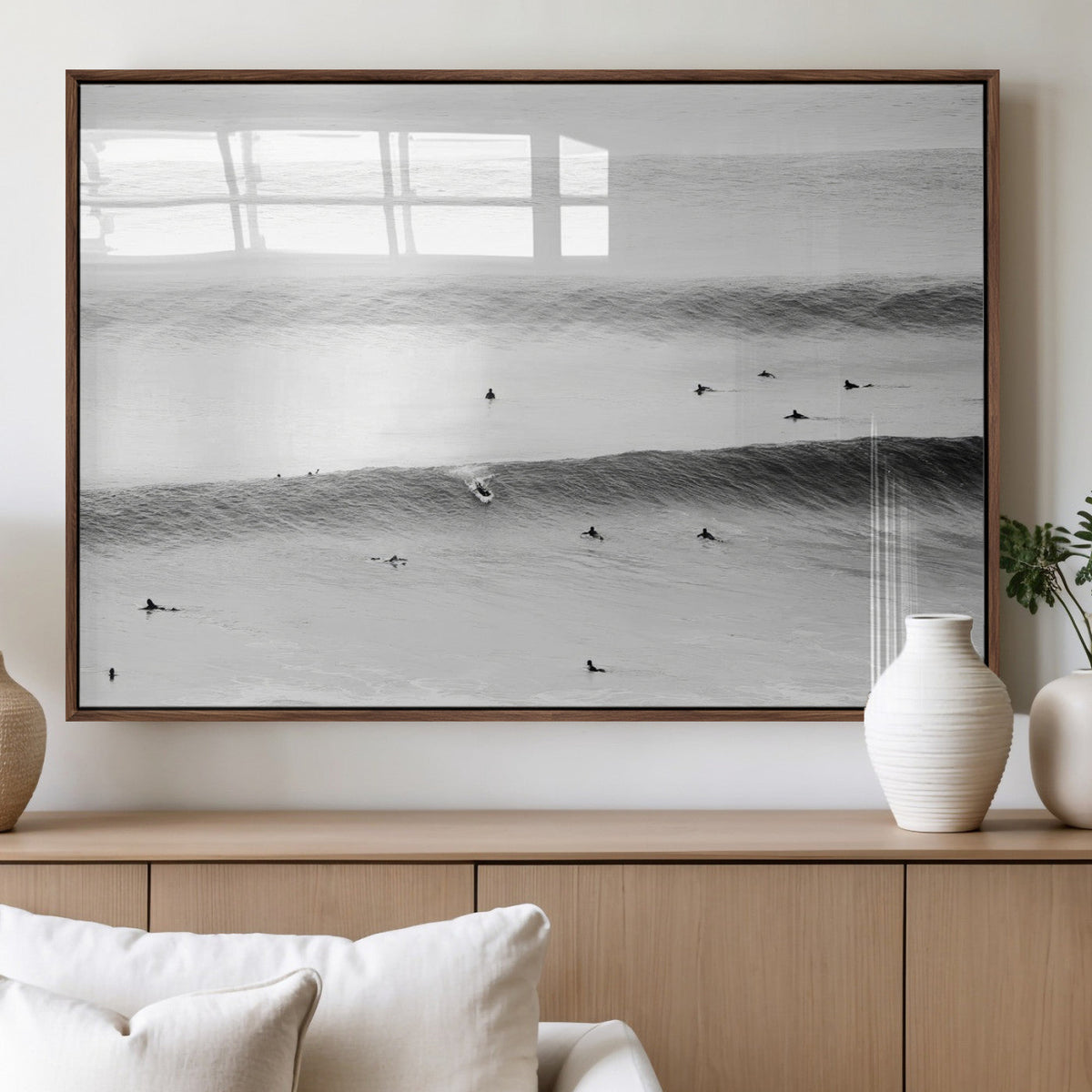 Black White Ocean Wall Art Canvas Print, Framed Coastal Sport and Ocean Swimmers Scene