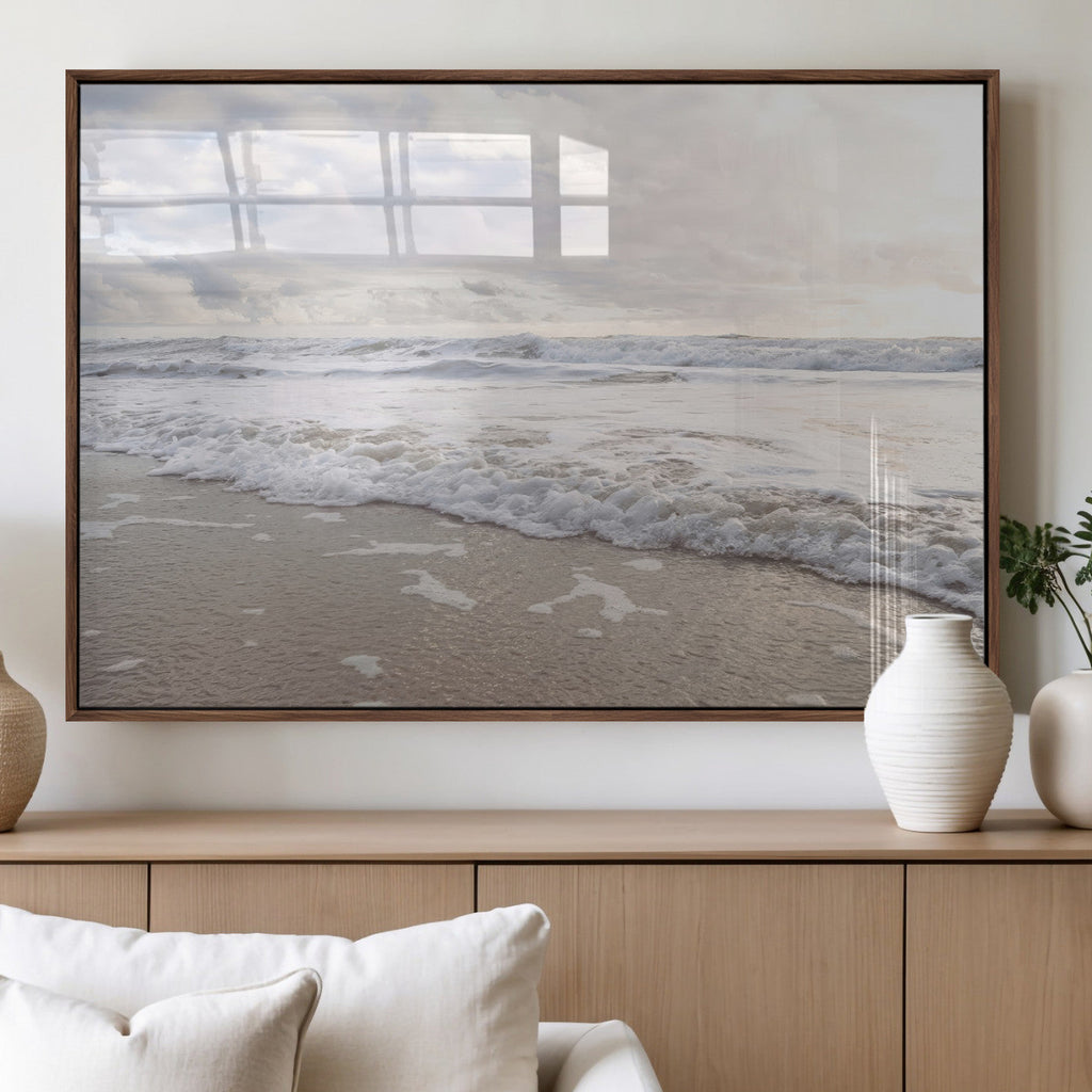 Ocean Waves Wall Art Canvas Print, Framed Coastal Shoreline Sea Foam Artwork
