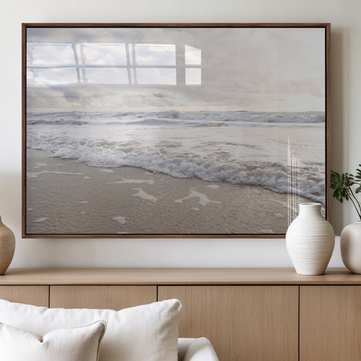 Ocean Waves Wall Art Canvas Print, Framed Coastal Shoreline Sea Foam Artwork