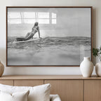 Black and White Surfing Wall Art Canvas Print, Framed Ocean Horizon Surfer Girl
