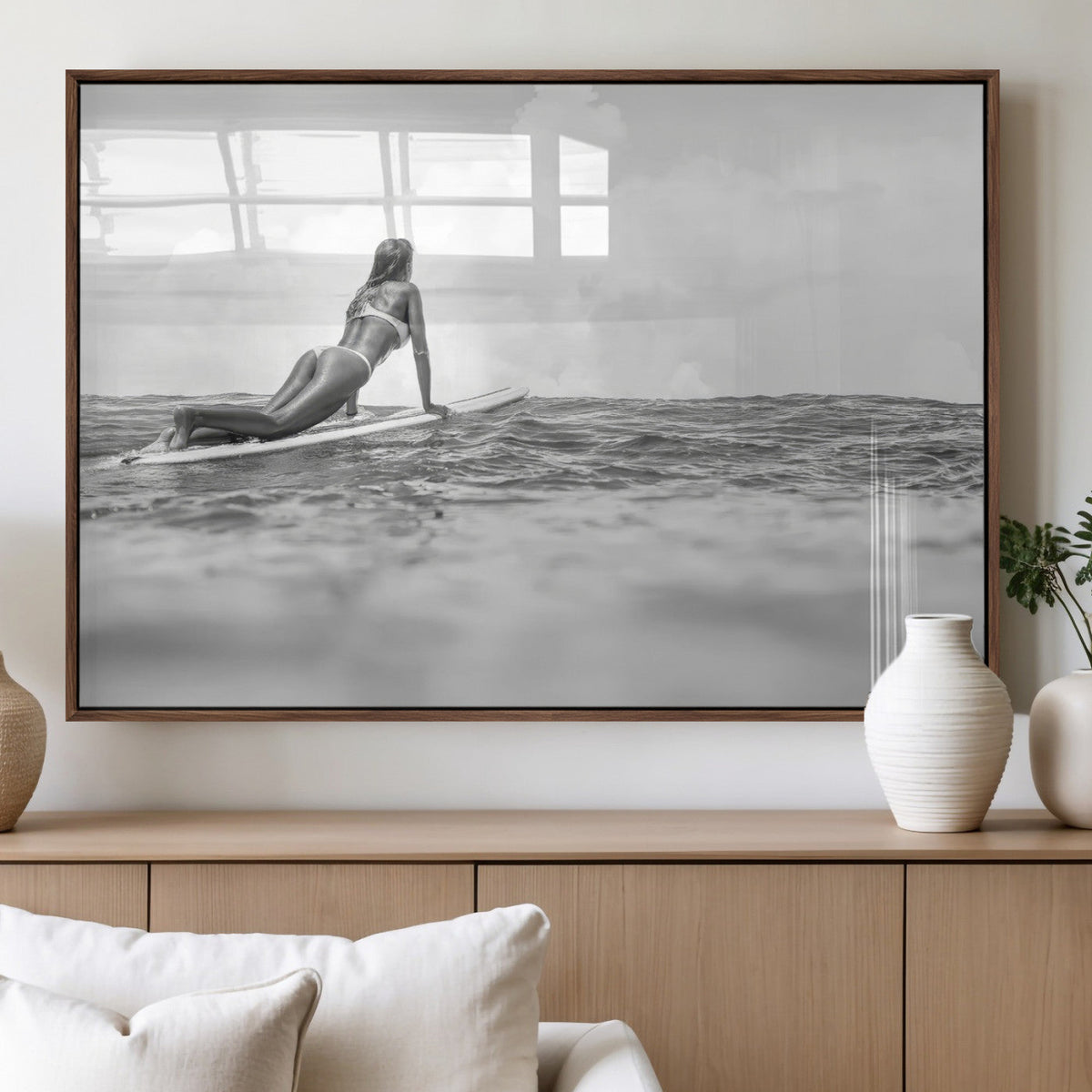 Black and White Surfing Wall Art Canvas Print, Framed Ocean Horizon Surfer Girl