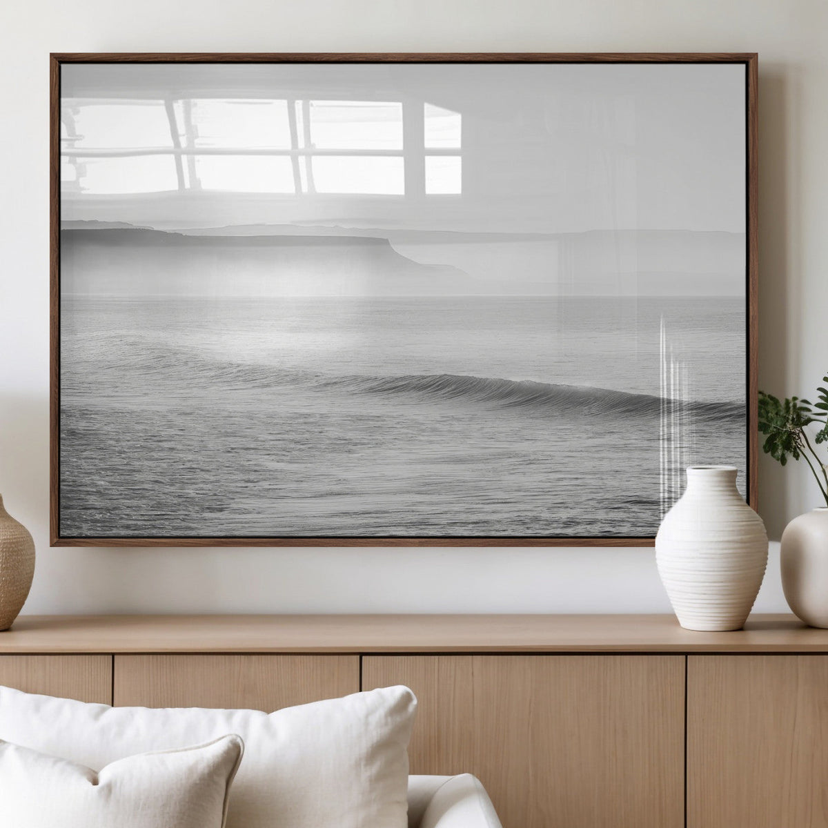 Black and White Seascape Wall Art Canvas Print, Framed Misty Ocean Waves