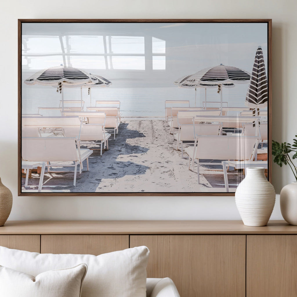Minimalist Beach Wall Art Canvas Print, Framed Pastel Sand and Striped Umbrella Artwork
