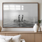 Black White Ocean Wall Art Canvas Print, Framed Monochrome Diving into Water Artwork