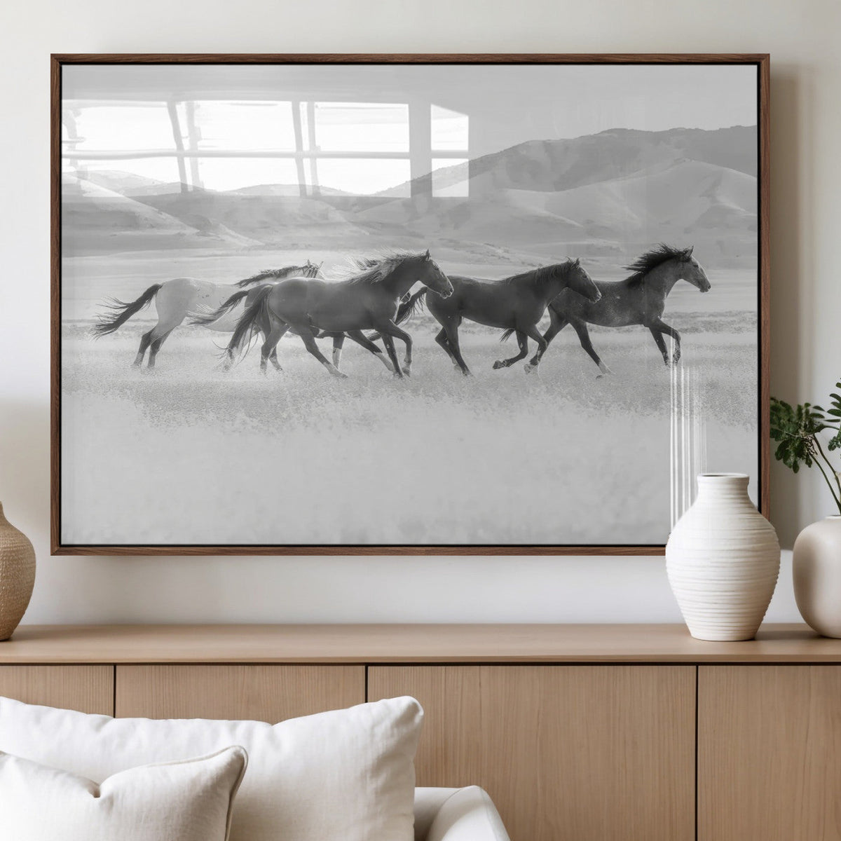 Wild Horses Running Wall Art Canvas Print, Framed Black White Mustangs Artwork