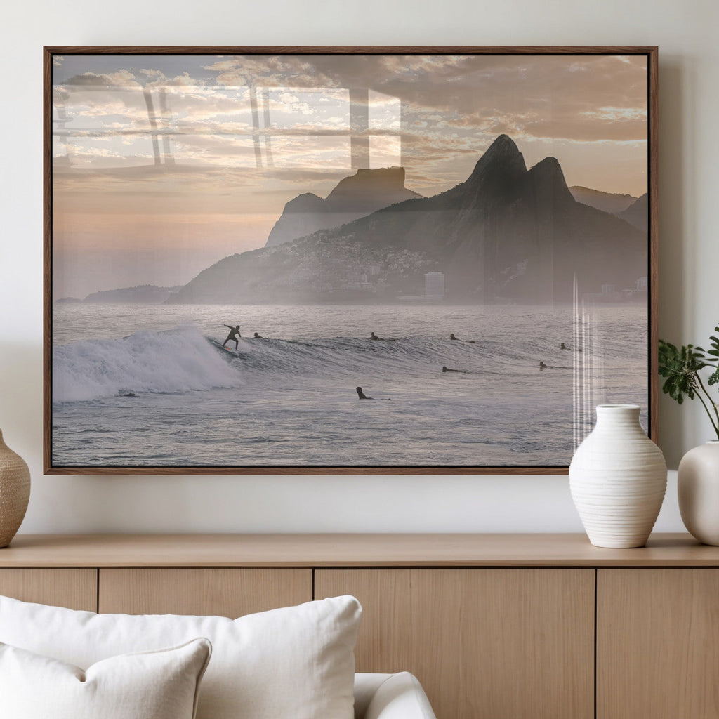 Sunset Surfing Wall Art Canvas Print, Framed Misty Mountains and Surfer Riding a Wave