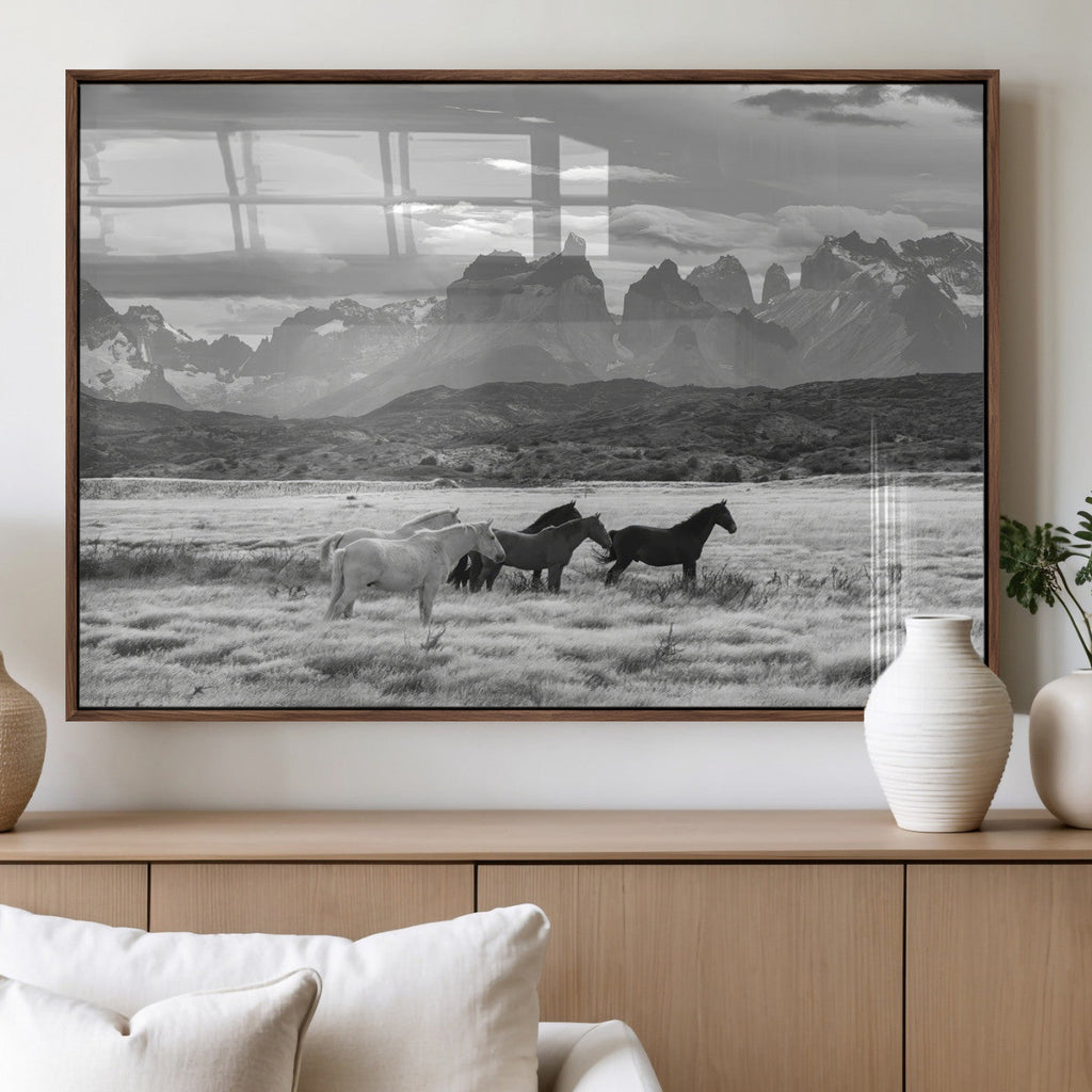 Wild Horses Wall Art | Framed Black White Mountain Canvas