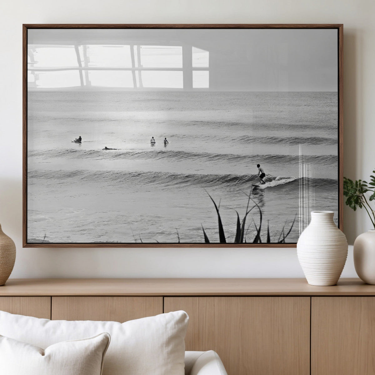 Surfer Silhouette Wall Art Canvas Print, Framed Calm Ocean Monochrome Surf