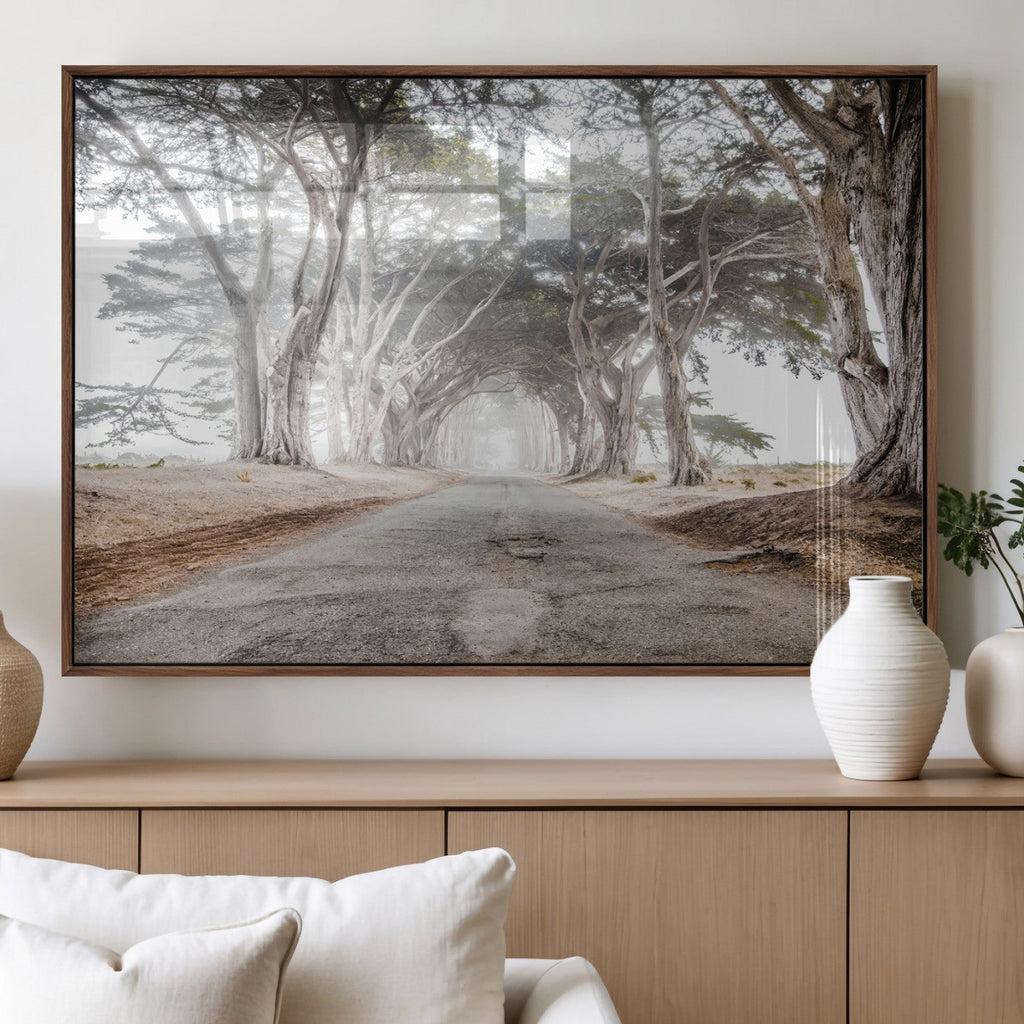 Cypress Tunnel Wall Art | Framed Misty Road Canvas Artwork