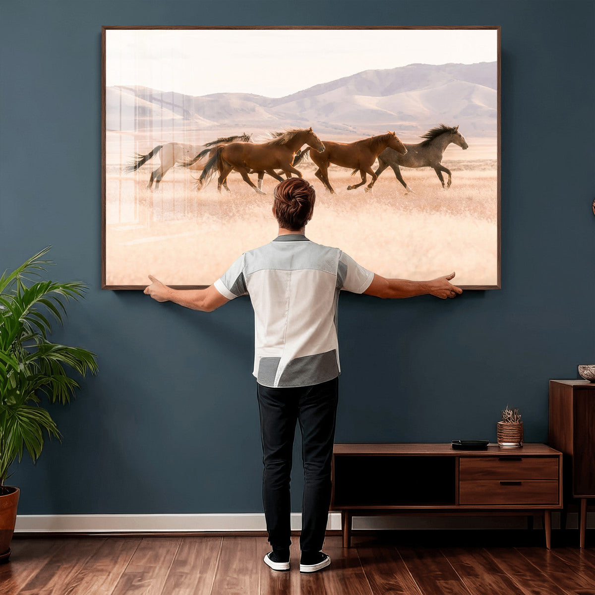Wild Horse Wall Art Canvas Print, Framed Rustic Western Art, Desert Horse Scene