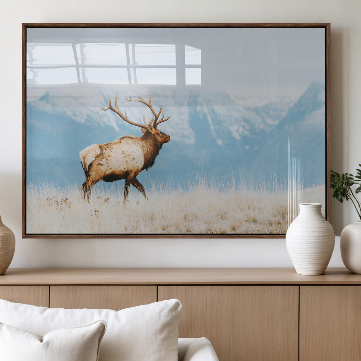 Mountain Elk Wall Art Canvas Print, Framed Rustic Wildlife Art, Lodge Style Decor