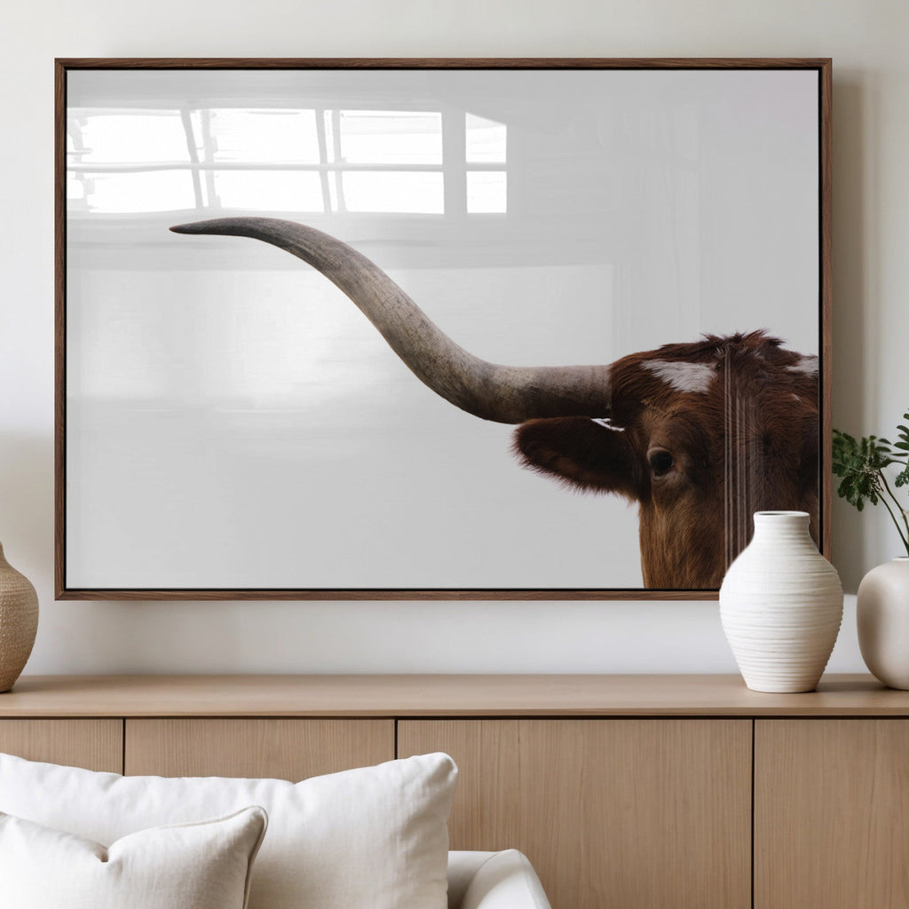 Texas Longhorn Wall Art Canvas Print, Framed Minimalist Cow Art, Ranch Style Decor