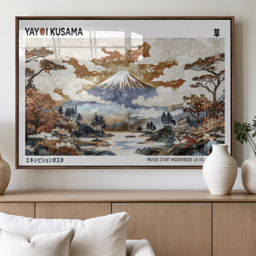 Modern Japanese Mount Fuji Canvas Art Print, Yayoi Kusama Wall Art, Framed Abstract Japanese Landscape