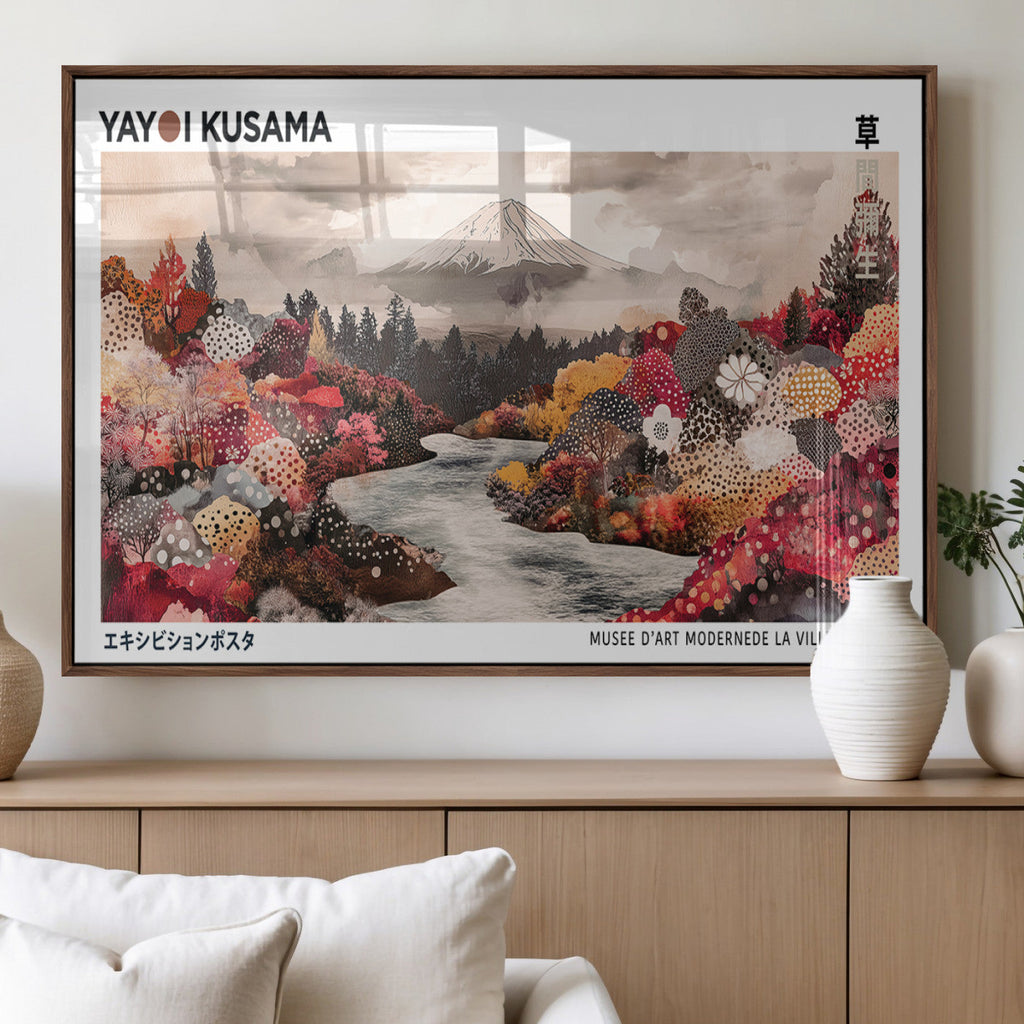 Modern Japanese Wall Art Canvas Print, Framed Abstract Mount Fuji Art, Yayoi Kusama Japanese Landscape