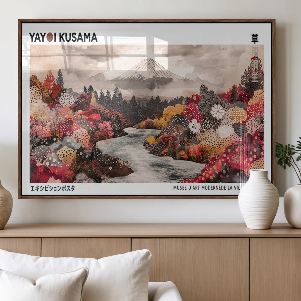 Modern Japanese Wall Art Canvas Print, Framed Abstract Mount Fuji Art, Yayoi Kusama Japanese Landscape