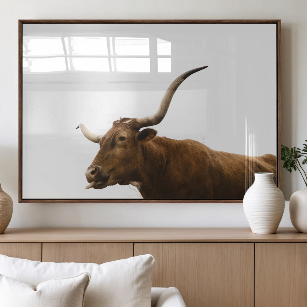 Longhorn Cow Wall Art Canvas Print, Framed Rustic Texas Bull Animal Decor